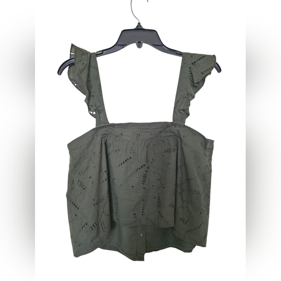LC Lauren Conrad Eyelet Crop Top OliveGreen Button Front Ruffle Strap NWT medium - Picture 3 of 7